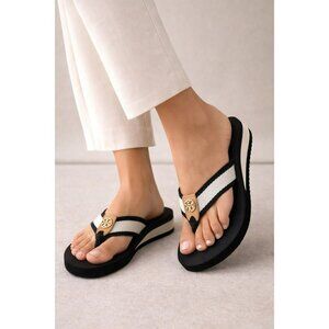 Tory Burch Womens Frankie Wedge Flip Flop Sandal Size 8 Black/Ivory Dust Bag